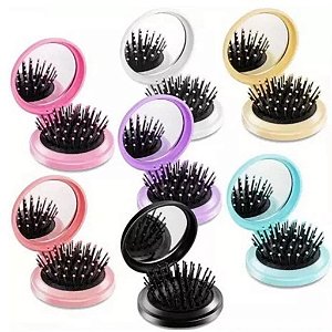 Mini Escova de Cabelo Dobrável Com Espelho Portátil