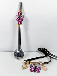 Bomba inox de miçangas c/ Borboleta Pink e pulseira de Cuia Pink