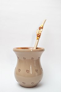 Kit Chimarrão - Cuia Madeira Coração Nude c/ bomba