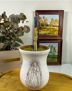 Kit Cuia Branca N.S. de Guadalupe + Bomba Inox com Flor