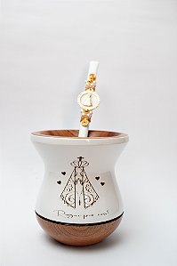 Kit Chimarrão - Cuia de madeira Nossa Senhora Aparecida c/ bomba inox