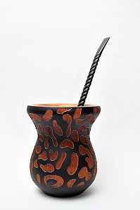 Kit Chimarrão - Cuia madeira preta oncinha c/ bomba inox