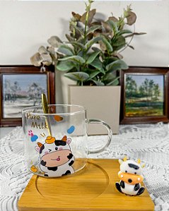 Caneca Vidro c Pires,“Pure Milk”+Colher–Detalhe 3D Vaquinha