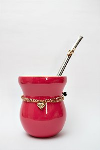 Kit Chimarrão - Cuia Madeira Pink, c/ Choker e Bomba