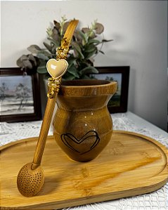 Kit Chimarrão Natural Coração + Bomba Inox  Miçangas Nude