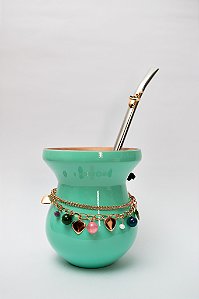 Kit Chimarrão - Cuia Madeira Verde c/  Choker e bomba inox