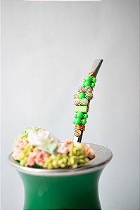 Cuia Porongo - Verde, c/ bomba de miçanga e Tapa Erva de Flor