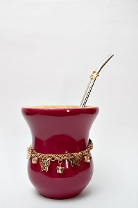 Kit Chimarrão - Cuia Madeira Marsala c/ Choker e Bomba