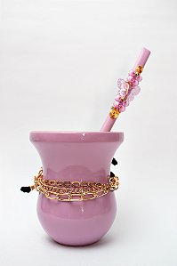 Kit Chimarrão - Cuia Madeira Rosa c/ Choker e Bomba de Miçanga