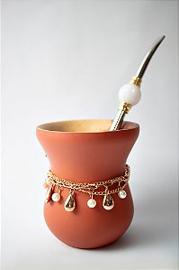 Kit Chimarrão - Cuia de madeira Laranja, c/ Choker e Bomba