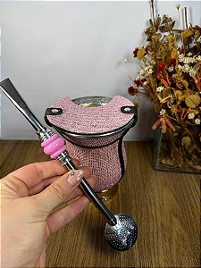 Kit Chimarrão Cuia Rosa Bebê Brilhante + Bomba Rosa