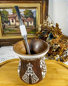 Kit Chimarrão-Madeira Branca+N.S.Aparecida+Bomba Inox Branca