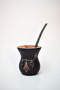 Kit chimarrão - Cuia de madeira preta fosca, N.S. Aparecida e Bomba Inox