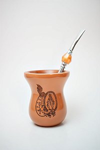 Kit Chimarrão - Cuia de madeira marrom, medalha e bomba inox