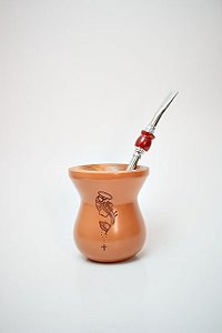 Kit Chimarrão - Cuia Madeira Caramelo Nossa Senhora e bomba inox