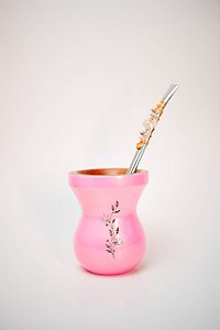 Kit Chimarrão - Cuia de madeira rosa, floral c/ bomba inox de miçangas