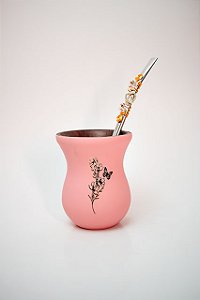 Kit Chimarrão - Cuia de madeira rosa fosca, c/ bomba inox de miçangas
