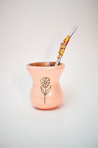 Kit Chimarrão - Cuia de madeira salmão margarida, c/ bomba inox de borboleta