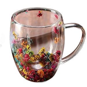 Xicara De Vidro Parede Dupla Com Flor Seca - 350ML