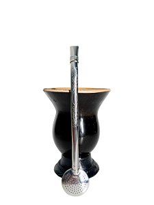 Kit Chimarrão Cuia Porongo Preta c/ Bomba Inox Detalhada