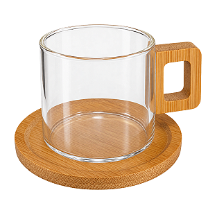 Caneca de Vidro com Pires e Alça de Bambu 150ml