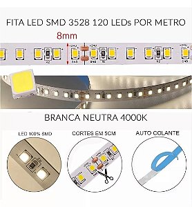 Fita de Led 3528 120 Leds IP20 Rolo 5 Metros Branco Neutro