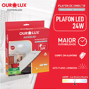 Plafon Superled Embutir 24W bivolt 4000K Quadrado 30cm x 30cm.