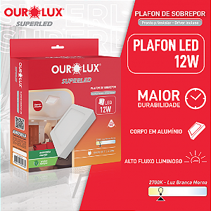 Plafon Superled Sobrepor 12W Bivolt 2700K Quadrado 17cm x 17cm.