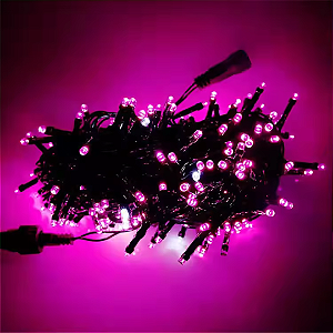 Pisca de Natal 100 Leds Pink 8 Funções fio verde conector macho e fêmea 10 Metros 220V.