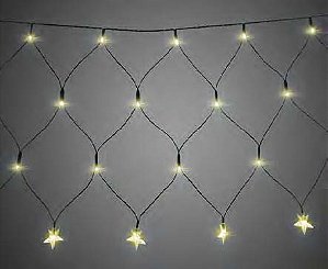 Cortina rede De Natal 160 LEDS Luz Branco Quente e fio verde 8 Funções 6,00m com estrelas na ponta 127V.