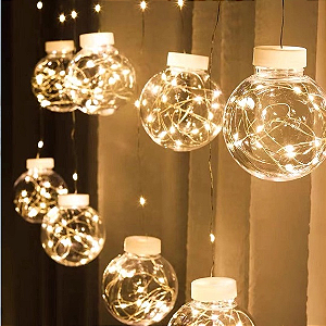 Cortina De Natal 190 LEDS Branco Quente Fixa fio de fada 10 bolas 8 funções 2,5m bivolt.