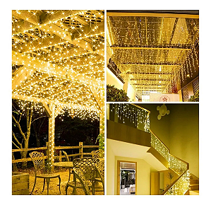 Cascata De Natal 400 LEDS Branco Quente Fixa fio Branco 10,0m tomada macho e fêmea 127V.