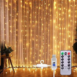 Cortina De Natal 300 LEDS Branco Quente 8 funções com controle remoto 3mx2m 127V.