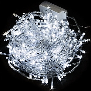 KIT 100 Pisca de Natal 50 Leds branco frio 8 Funções 5 Metros fio transparente bivolt.