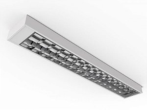 Luminária sobrepor alto rendimento aletas parabólicas duplas abertura 200 milímetros para 2 lâmpadas 18/20W 120cm.