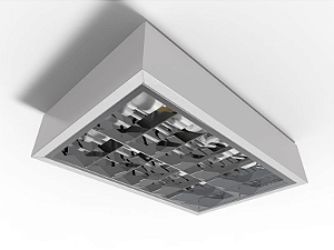Luminária de sobrepor 28.8cm X 44cm alto rendimento com aletas parabólicas duplas para 4 lâmpadas E27.