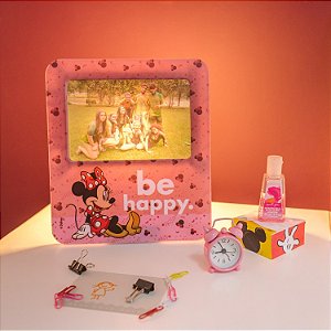 Luminária Porta Retrato Minnie Be Happy 22,5x19,5x8cm Polietileno Rosa.