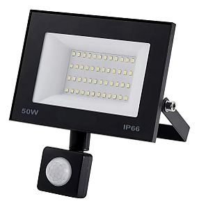 Refletor Com Sensor De Presença Led 50w Fotocélula Bivolt 6500k Preto.