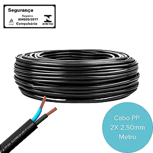 Cabo PP 2x2,5mm Preto 300V/500V rolo de 100 metros.