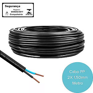 Cabo PP 2x1,5mm Preto 300V/500V rolo de 100 metros.