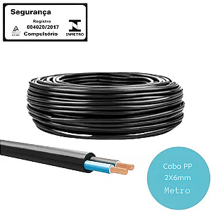Cabo PP 2x6mm Preto 300V/500V rolo de 100 metros.