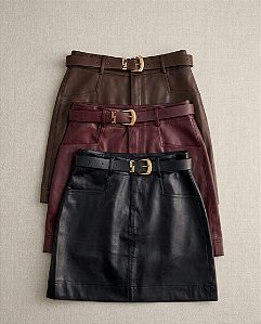 Short Saia Couro PU Feminino Marrom Curta