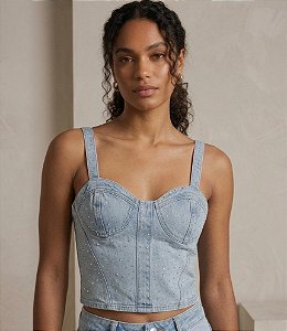 Cropped jeans com detalhe de pedraria/brilho/stras