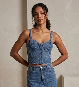 Cropped jeans com detalhe de pedraria/brilho/stras