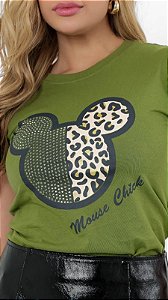 T-SHIRT MICKEY ROSTO ONCA E STRAS - VERDE OLIVA