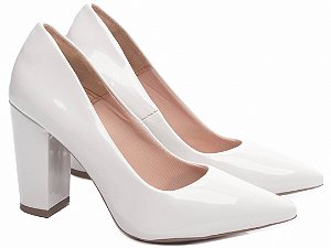 Sapato Scarpin Salto Quadrado Verniz Off White