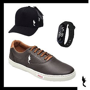 Tenis Masculino Casual Sintético Polo Blu Com Boné e Relógio Digital Combo do 37