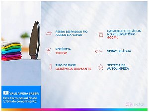 Ferro de Passar Roupa a Vapor Mondial F-53 Preto e Azul - 220V