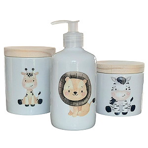 Kit higiene bebê Safari 3 peças - potes e porta álcool - Porcelana Tampa Pinus - MENINO