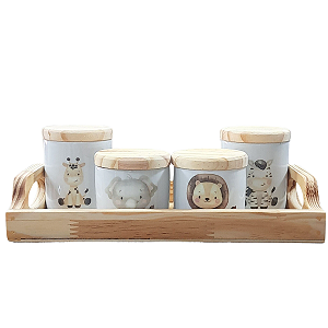 Kit higiene bebê Safari 5 peças - Bandeja E potes - Peças Porcelana Bandeja e Tampas Pinus